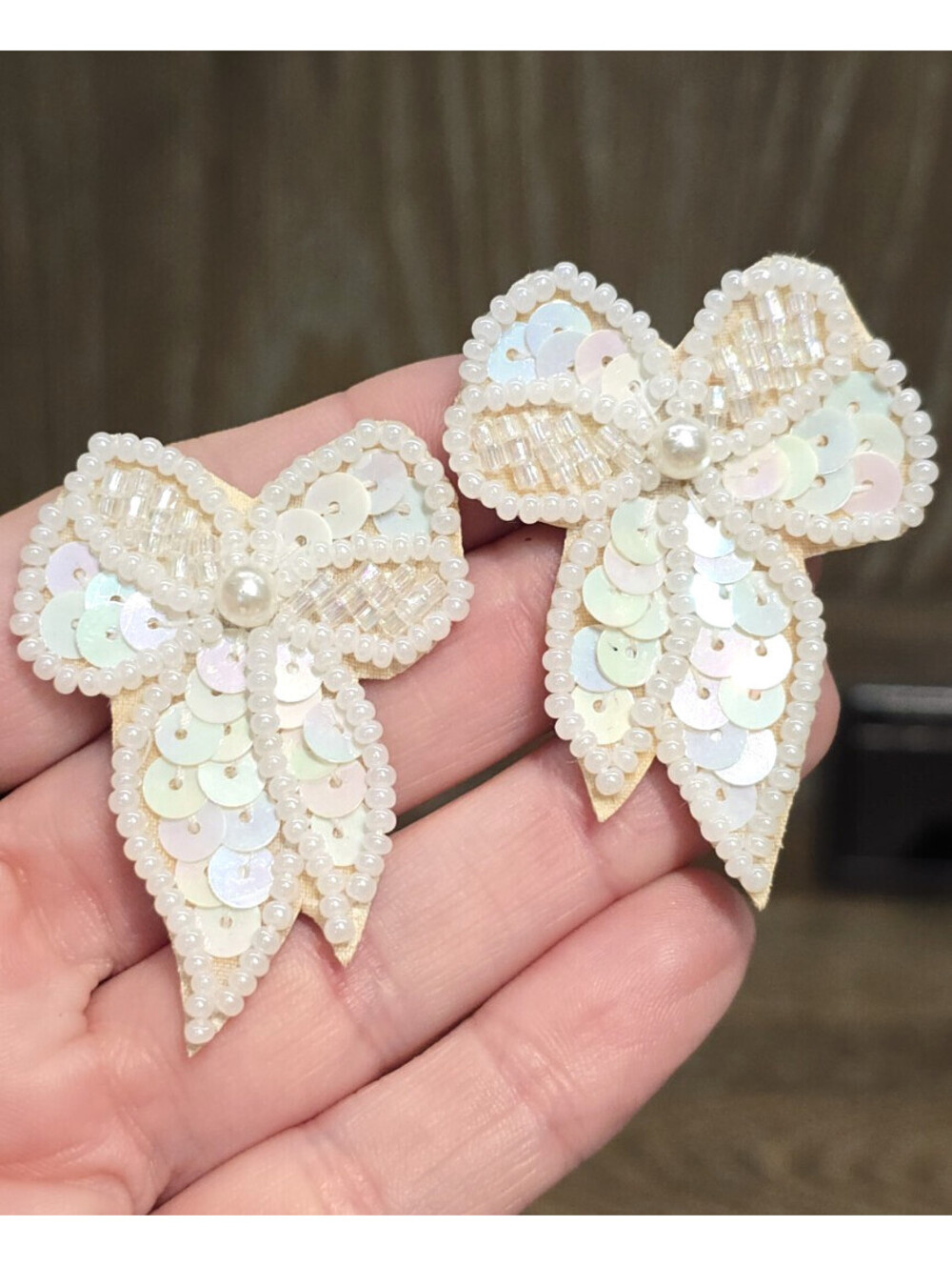 Vintage Avon Sequin Bow Earrings 1990s Faux Leather Beaded